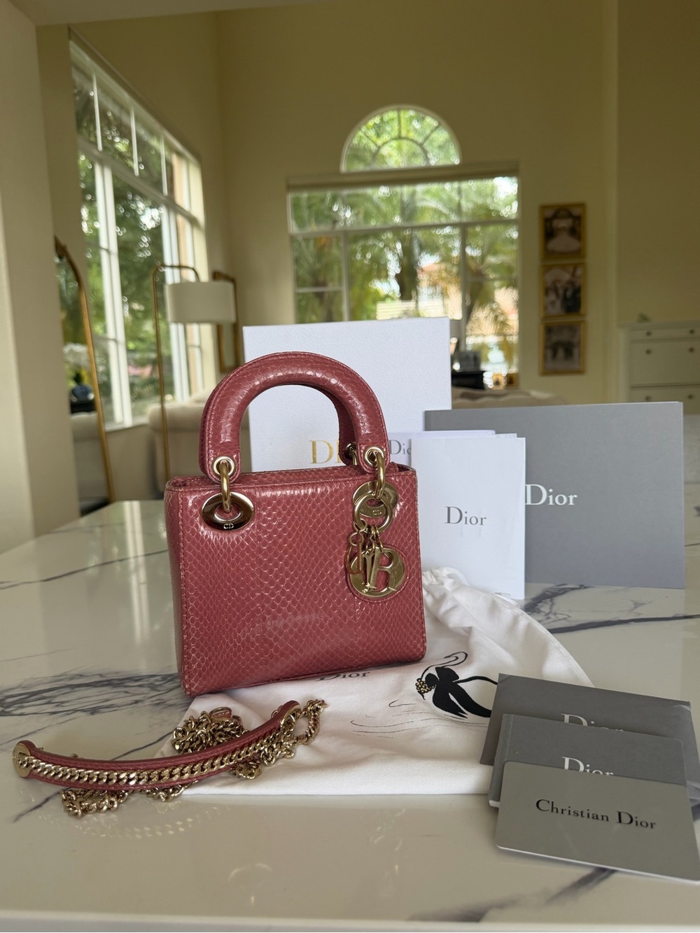 Authentic Mini Lady Dior in Blush Python with Gold Hardware — FULL SET from 2019